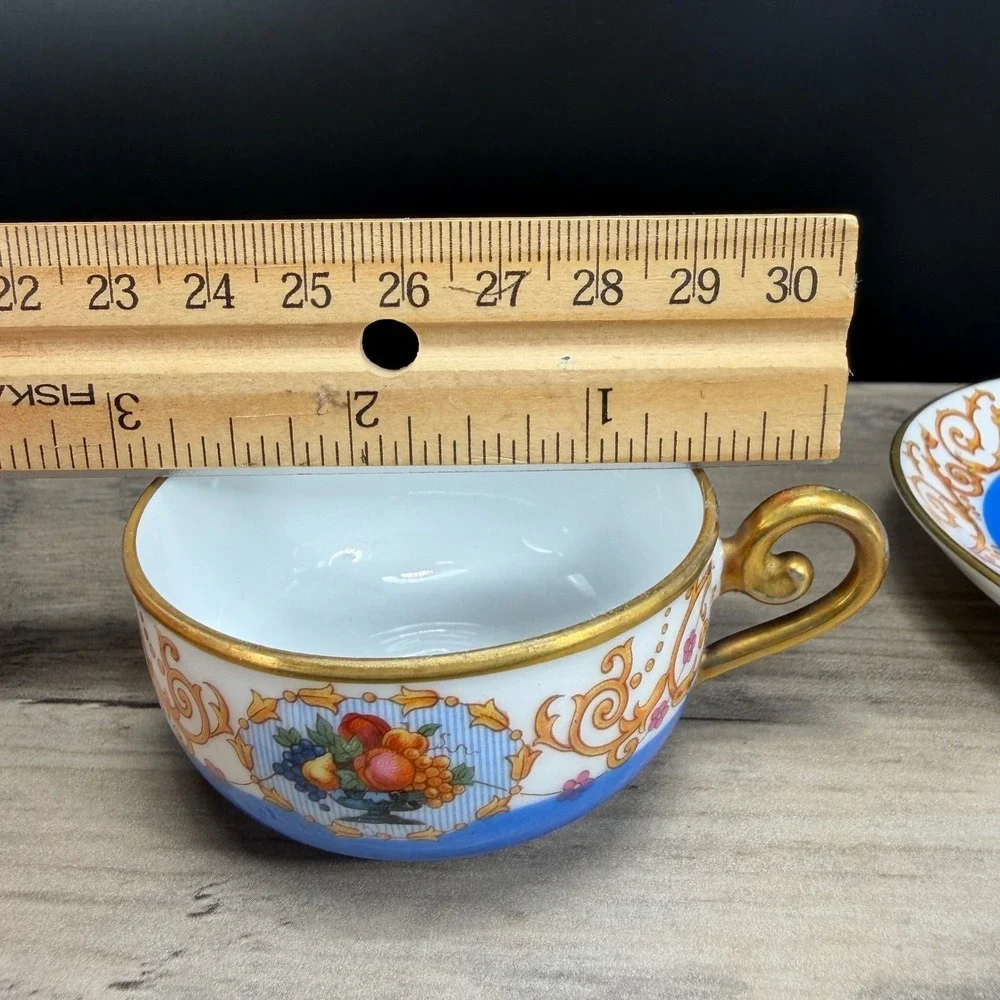 Antique SPM Germany Porcelain Tea Cup Saucer Set Cobalt Blue Gold Fruit Gilt VTG